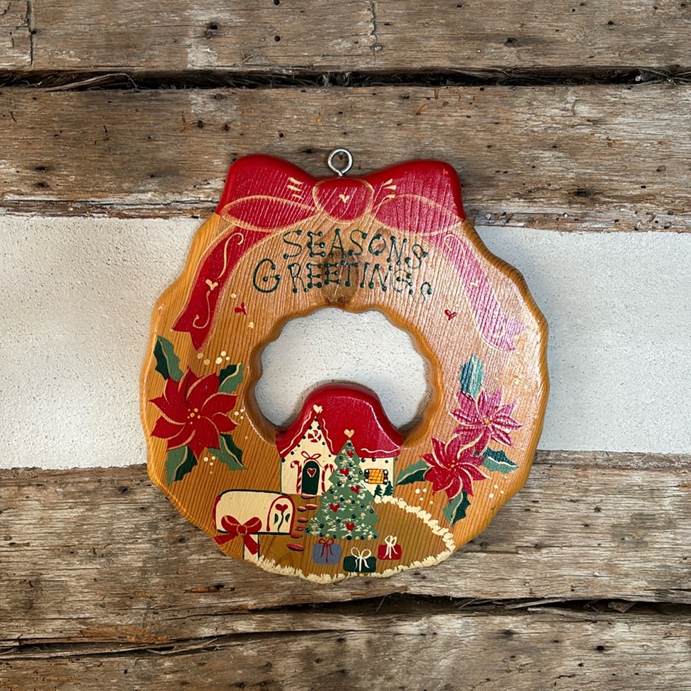Wooden wreath, hand painted, 10.5 in wide, half inch depth